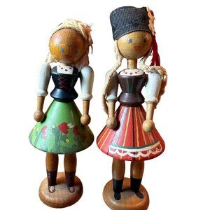 Poland Peg Bead Dolls Vintage Folk Art Traditional Costume Hand Painted